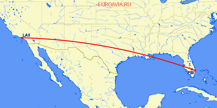 перелет Уэст Палм Бич — Лос Анджелес на карте