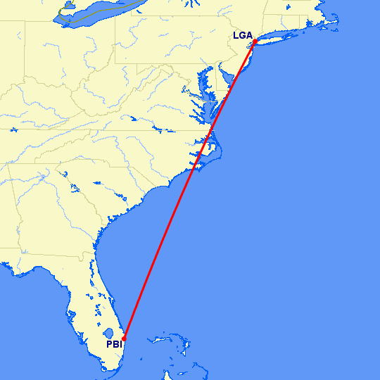 перелет Уэст Палм Бич — Нью Йорк на карте