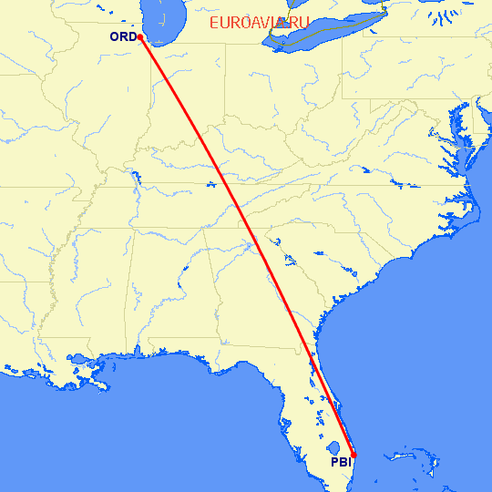 перелет Уэст Палм Бич — Чикаго на карте