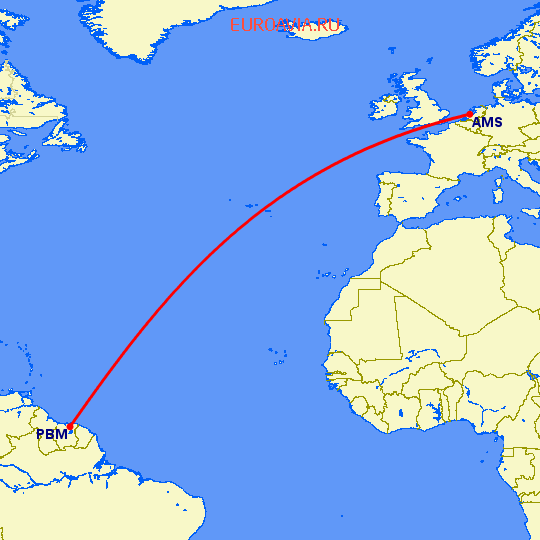 перелет Paramaribo — Амстердам на карте