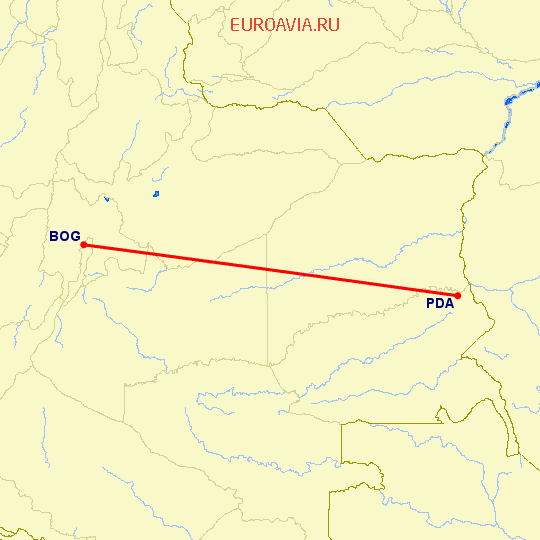 перелет Пуэрто-Инирида — Богота на карте
