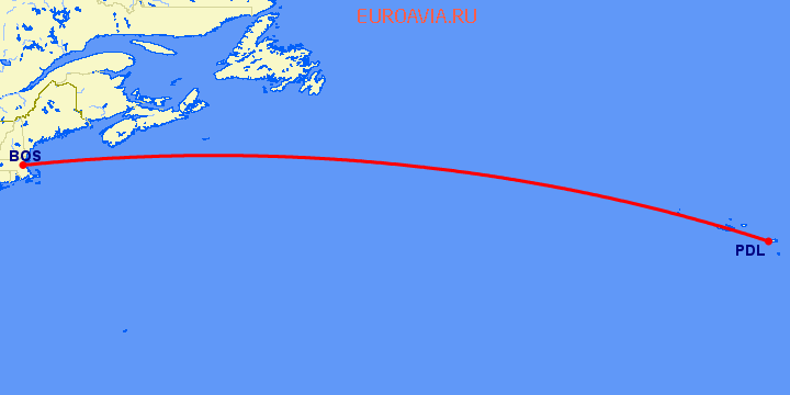 перелет Ponta Delgada — Бостон на карте