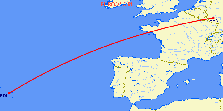 перелет Ponta Delgada — Hahn на карте