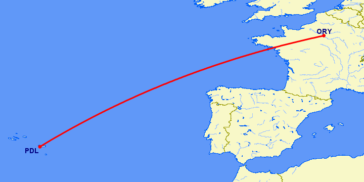 перелет Ponta Delgada — Париж на карте