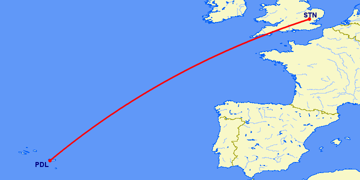 перелет Ponta Delgada — Лондон на карте