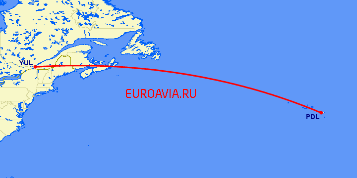 перелет Ponta Delgada — Монреаль на карте