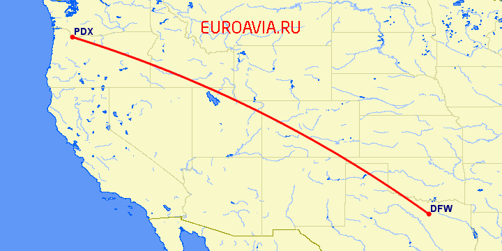 перелет Портленд — Даллас на карте