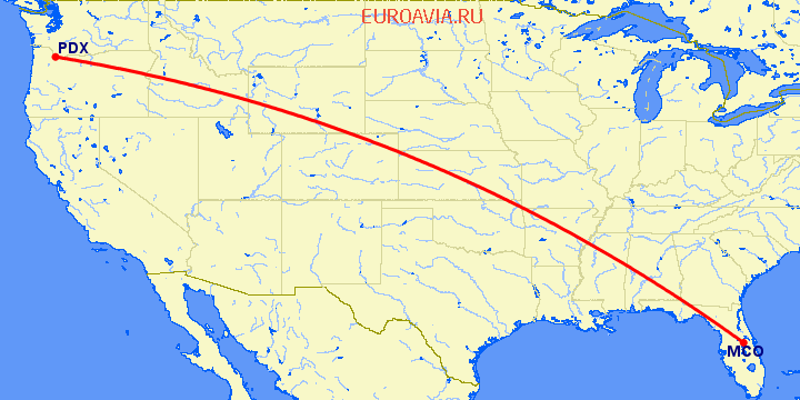 перелет Портленд — Орландо на карте