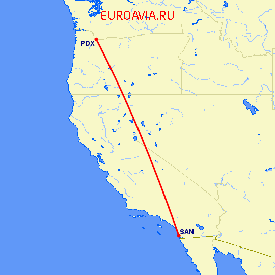 перелет Портленд — Сан Диего на карте
