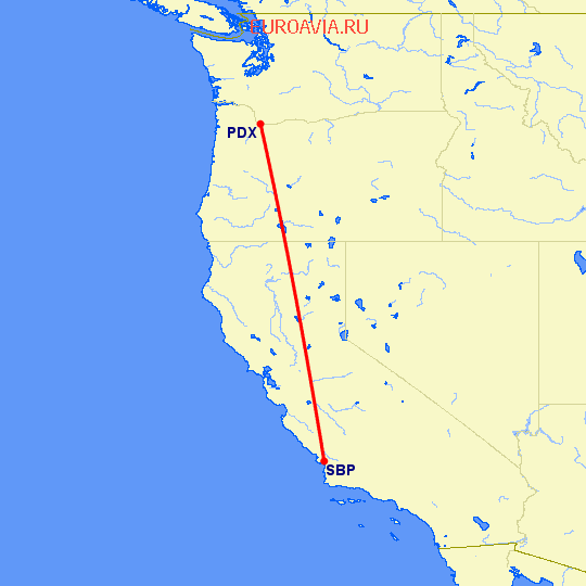 перелет Портленд — Сан Луис Обиспо на карте