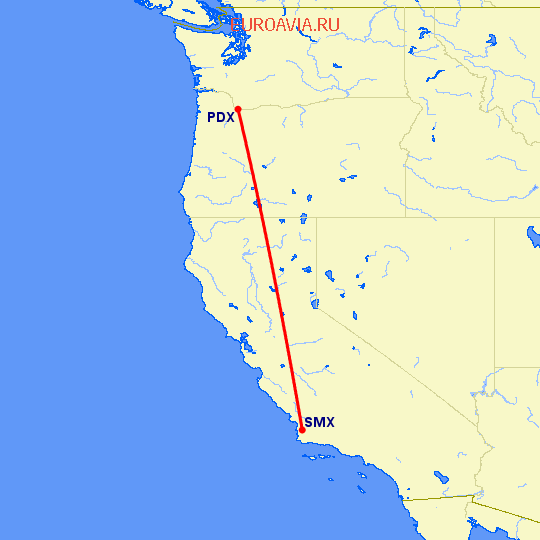перелет Портленд — Санта Мария на карте