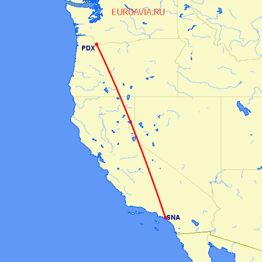 перелет Портленд — Санта Ана на карте