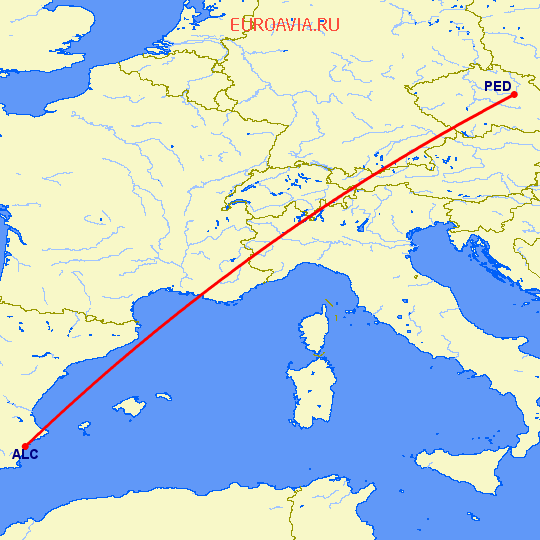 перелет Пардубицы — Аликанте на карте