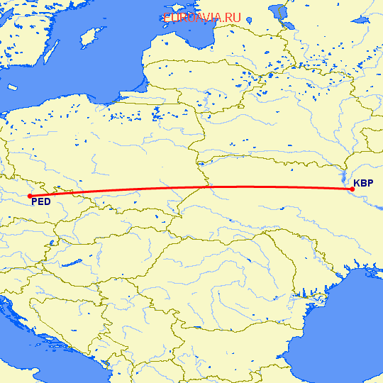 перелет Пардубицы — Киев на карте