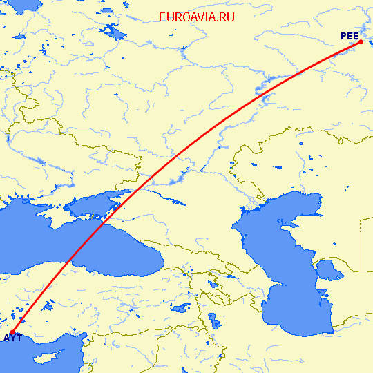 перелет Пермь — Анталия на карте