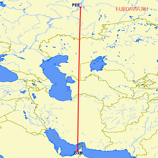 перелет Пермь — Дубай на карте