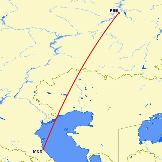 перелет Пермь — Махачкала на карте