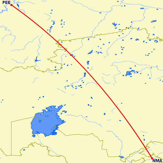 перелет Пермь — Наманган на карте