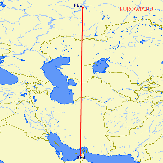 перелет Пермь — Шарджа на карте