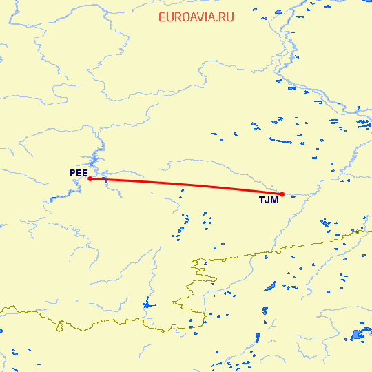 перелет Пермь — Тюмень на карте