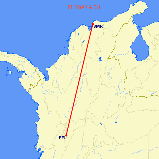 перелет Перейра — Санта Марта на карте