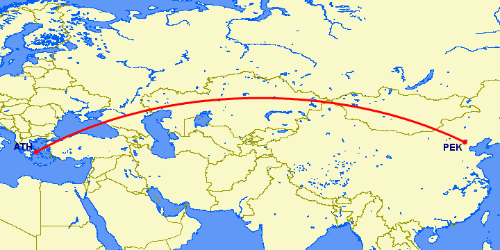 перелет Пекин — Афины на карте