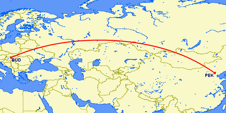 перелет Пекин — Будапешт на карте