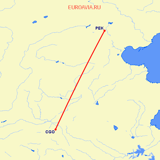 перелет Пекин — Чженчжоу на карте