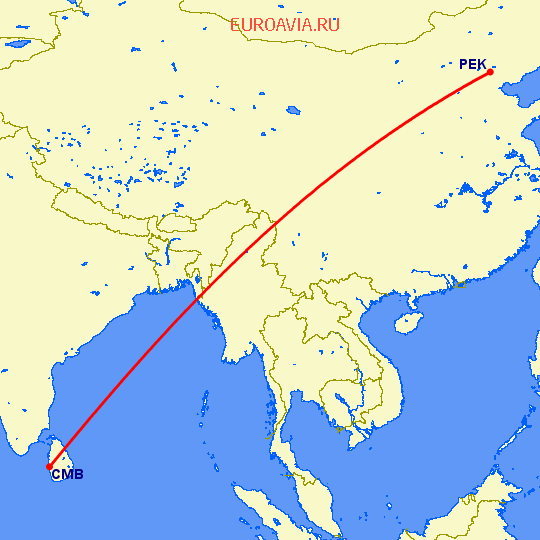 перелет Пекин — Коломбо на карте