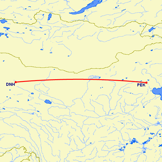 перелет Пекин — Дунхуань на карте