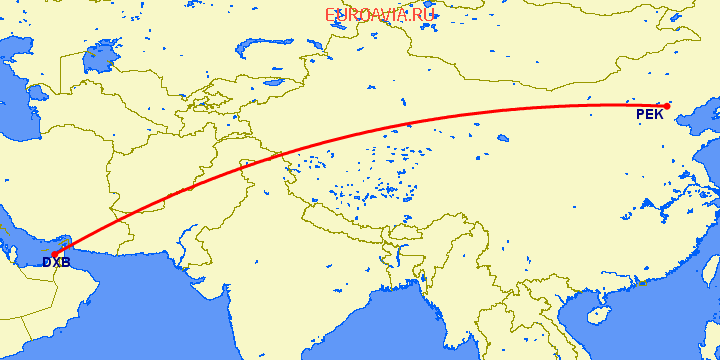 перелет Пекин — Дубай на карте