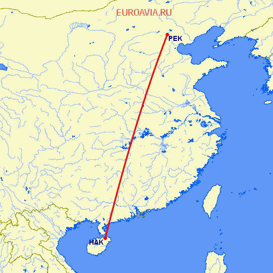 перелет Пекин — Хайкоу на карте