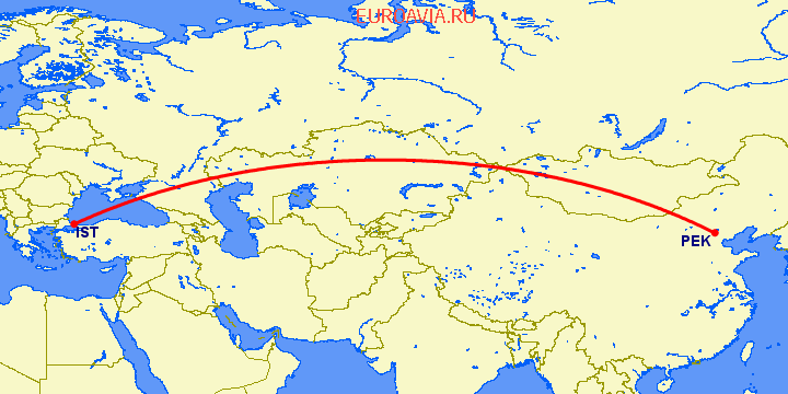 перелет Пекин — Стамбул на карте