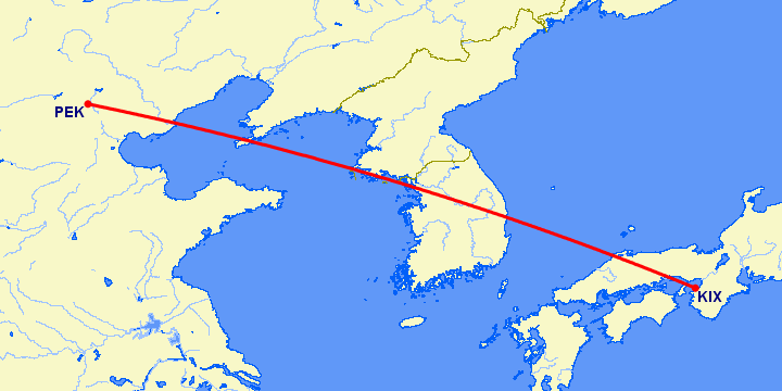 перелет Пекин — Осака на карте