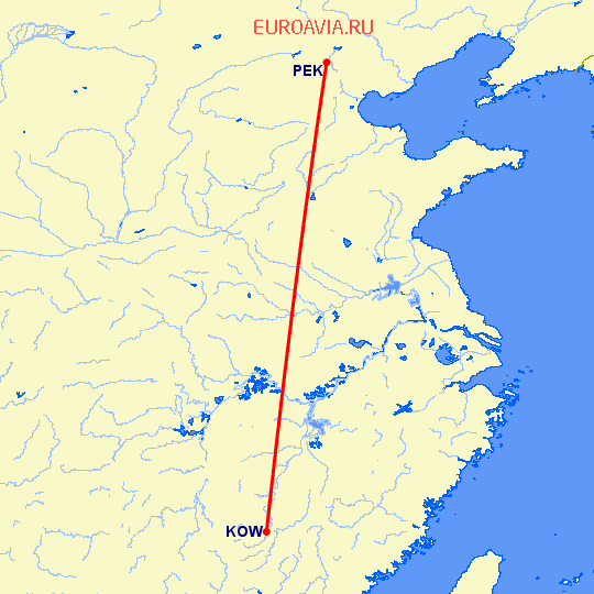 перелет Пекин — Ганьчжоу на карте