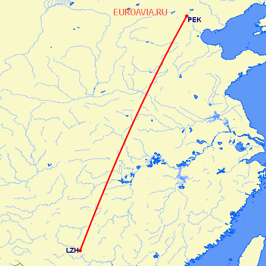 перелет Пекин — Лучжоу на карте