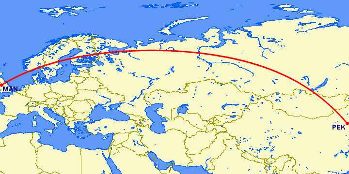 перелет Пекин — Манчестер на карте
