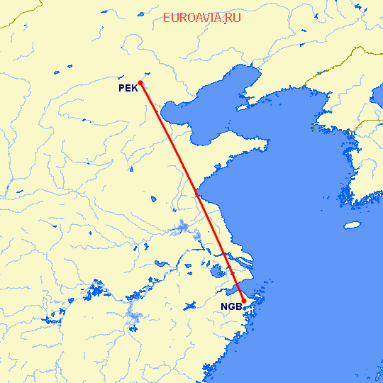 перелет Пекин — Нинбо на карте