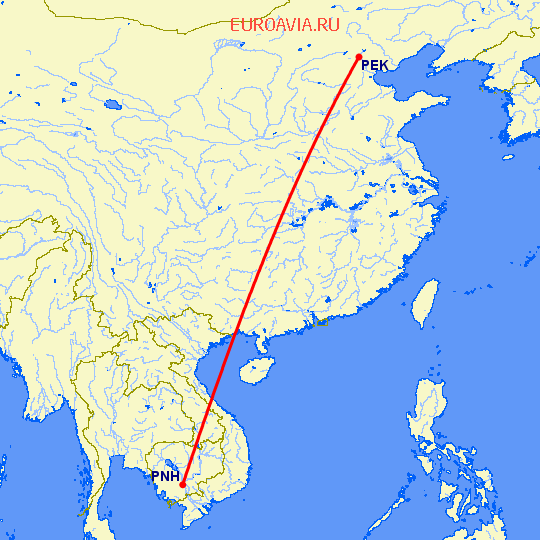 перелет Пекин — Пномпен на карте