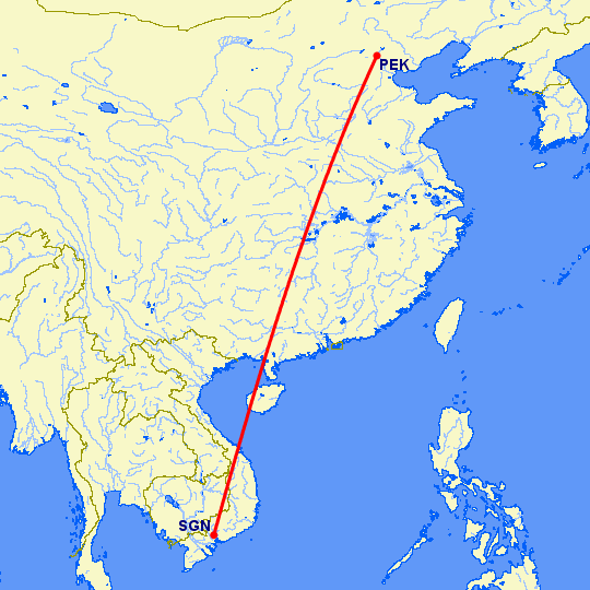 перелет Пекин — Хошимин на карте