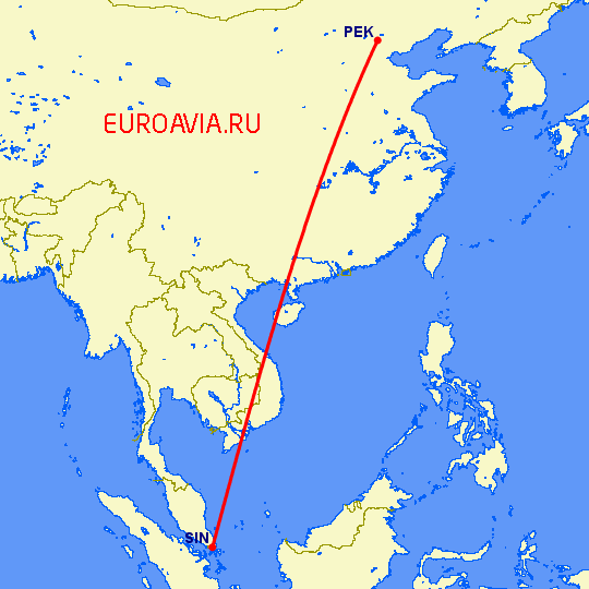 перелет Пекин — Сингапур на карте