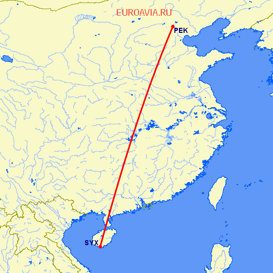 перелет Пекин — Санья на карте