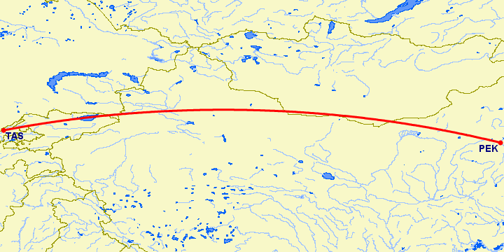 перелет Пекин — Ташкент на карте