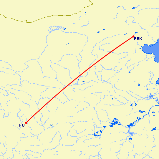 перелет Пекин — Чэнду Тяньфу на карте