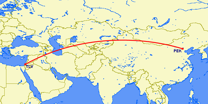 перелет Пекин — Тель Авив на карте