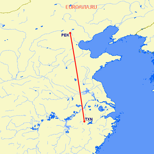 перелет Пекин — Тунси на карте