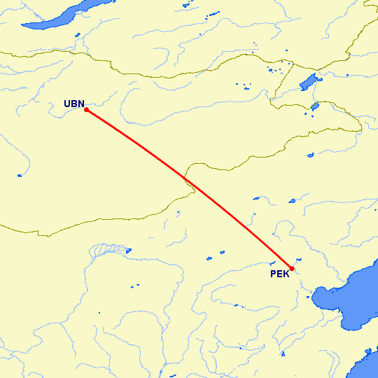 перелет Пекин — Улан Батор на карте