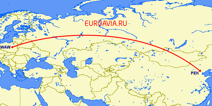 перелет Пекин — Варшава на карте