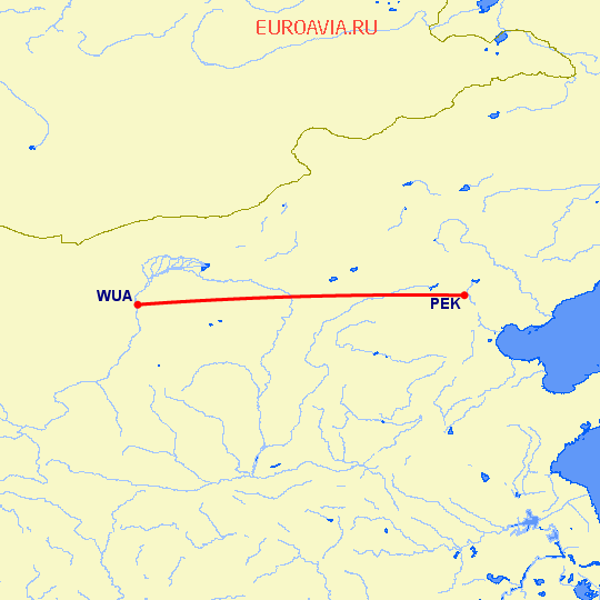 перелет Пекин — Wu Hai на карте