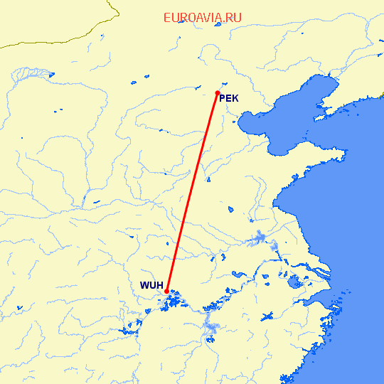 перелет Пекин — Вухан на карте